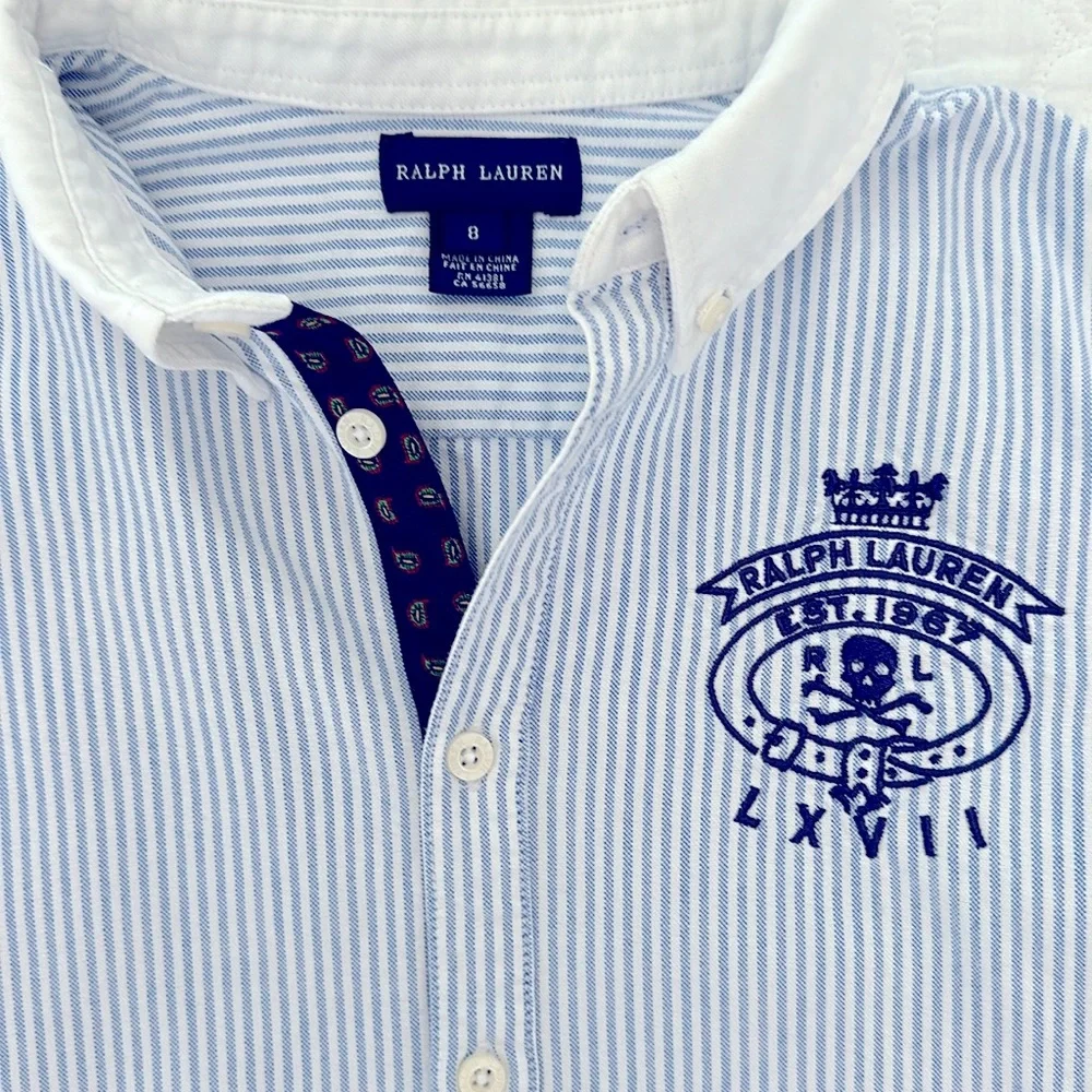 Ralph Lauren Girls Blue White Striped Cotton Oxford Shirtdress Size 8 Dress - Picture 3 of 5